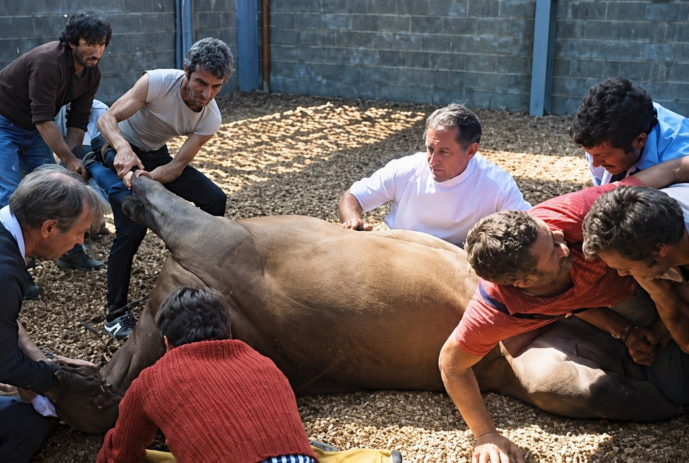 Arthur Smith atende um cavalo deitado, com o apoio de uma equipe de auxiliares.