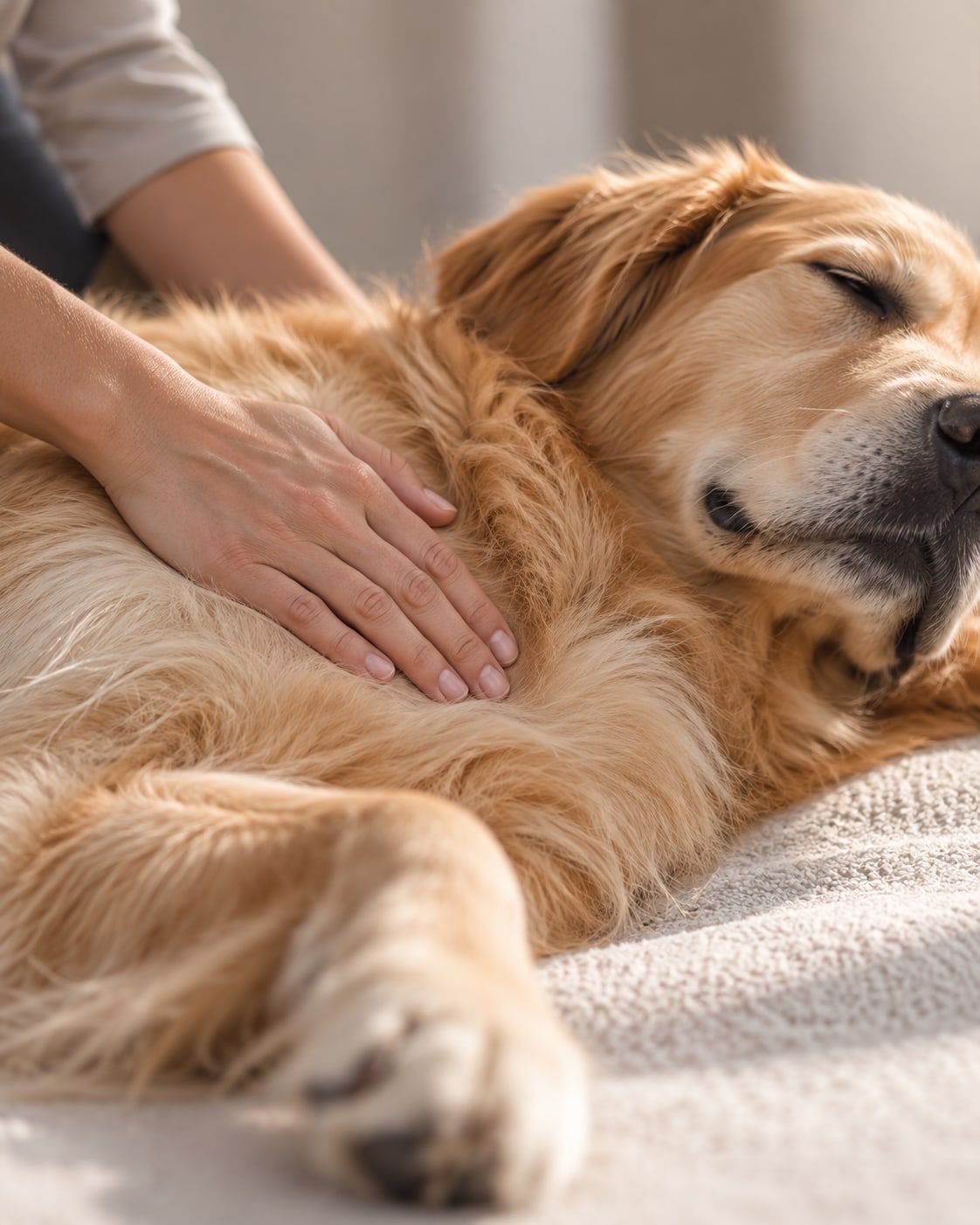 Mão pousada sobre o tórax de um cão deitado de lado, com os olhos fechados.