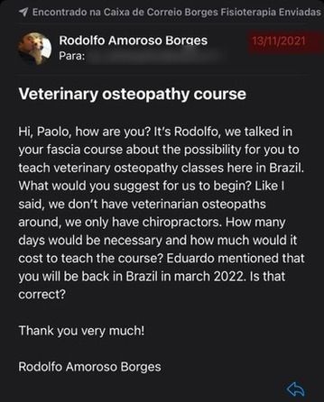 Captura de tela do e-mail “Veterinary osteopathy course”, enviado por Rodolfo Amoroso Borges a Paolo Tozzi em 13/11/2021, propondo aulas de osteopatia veterinária no Brasil.