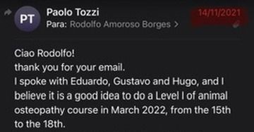 Trecho da resposta de Paolo Tozzi em 14/11/2021, sugerindo um primeiro nível de curso de osteopatia animal em março de 2022.
