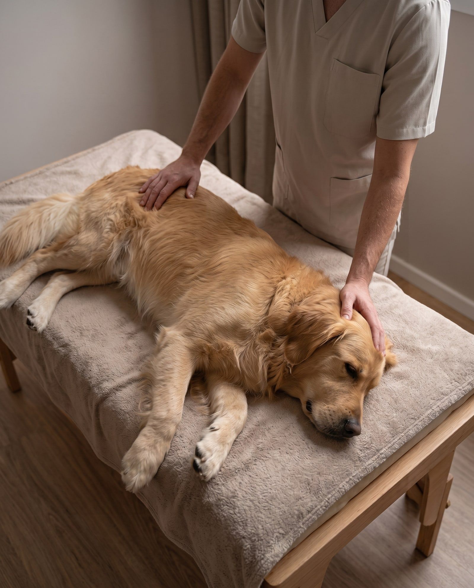 Profissional com uma das mãos sobre a região lombar e a outra sobre a cabeça de um cão deitado na maca.